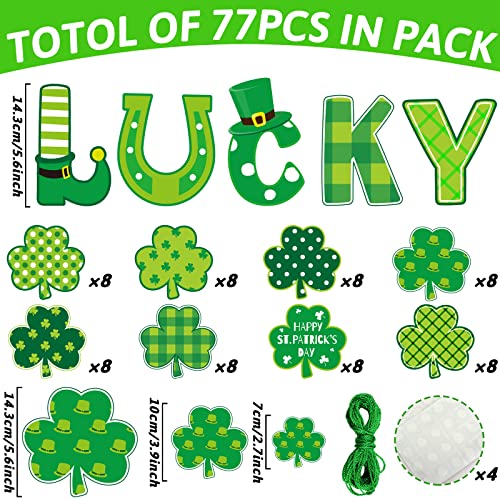 77Pcs St. Patrick's Day Shamrock Cutouts Decorations Green Lucky Irish Paper Clover Cut-Outs Includes Glue Points and Rope for Classroom Bulletin Board Game Party Supplies