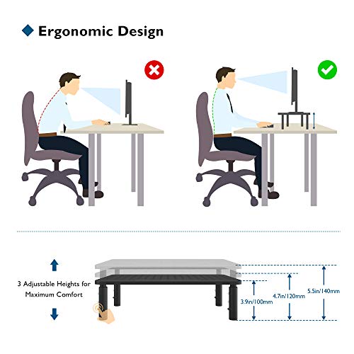 BONTEC Monitor Stand Riser, 3 Height Adjustable Monitor Stand with Pen Holder, Ergonomic Metal Laptop Stand with Cable Management, Great Computer Stand for Laptop, iMac, PC, Printer, 14.5 in, Black