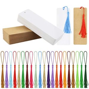 wpxmer 120 pcs kraft paper blank cardstock bookmarks, paper bookmarks with 100 pieces colorful tassels for diy classroom projects and gifts tags