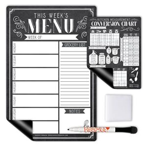 Vintage Magnetic Weekly Meal Planner Dry Erase Board for Refrigerator - Magnetic Meal Planner for Refrigerator Dry Erase, Weekly Dinner Menu Board for Kitchen Conversion Chart Magnet, Grocery List