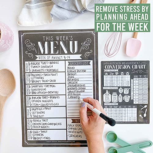 Vintage Magnetic Weekly Meal Planner Dry Erase Board for Refrigerator - Magnetic Meal Planner for Refrigerator Dry Erase, Weekly Dinner Menu Board for Kitchen Conversion Chart Magnet, Grocery List