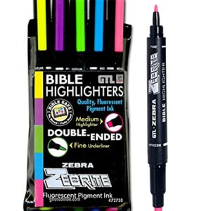 G.T. Luscombe Company, Inc. Zebrite Double Ended Bible Highlighter Set | No Bleed Pigmented Ink | No Fading or Smearing | Double Ended for Highlighting & Underlining | Fluorescent Multicolor (Set of 5)