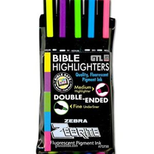 G.T. Luscombe Company, Inc. Zebrite Double Ended Bible Highlighter Set | No Bleed Pigmented Ink | No Fading or Smearing | Double Ended for Highlighting & Underlining | Fluorescent Multicolor (Set of 5)