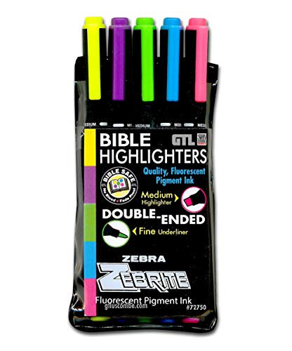 G.T. Luscombe Company, Inc. Zebrite Double Ended Bible Highlighter Set | No Bleed Pigmented Ink | No Fading or Smearing | Double Ended for Highlighting & Underlining | Fluorescent Multicolor (Set of 5)