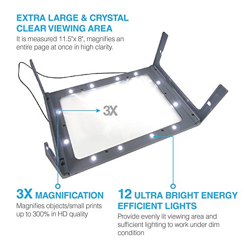 3X Large Full Page Magnifier with 12 LED Lights[Provide Evenly Lit Viewing Area], Foldable Flip-Out Legs, Dual Power Supply Modes- Ideal for Hands Free Reading, Low Vision, Seniors with Aging Eyes