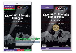 100 bcw resealable silver thick comic bags & backer boards