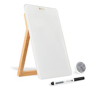 desktop glass whiteboard with reversable wood stand, tabletop small portable dry erase white board easel, reusable desk notepad 9.5″x6.7″ for office, home, school, marker&eraser included, yeoux