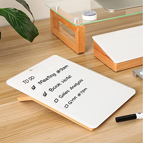 Desktop Glass Whiteboard with Reversable Wood Stand, Tabletop Small Portable Dry Erase White Board Easel, Reusable Desk Notepad 9.5"x6.7" for Office, Home, School, Marker&Eraser Included, Yeoux