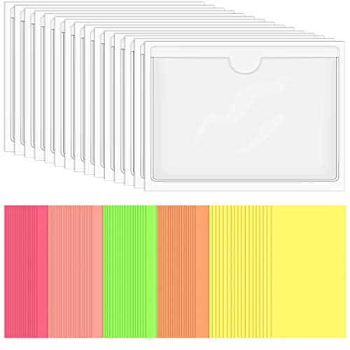 SKPPC 40 Pack Self-Adhesive Index Card Holder, Clear Plastic Library Card Pockets Label Holder with Top Open, Ideal Card Holder and 50 Sheets Colorful Index Cards, 3.8 x 5.3 Inch