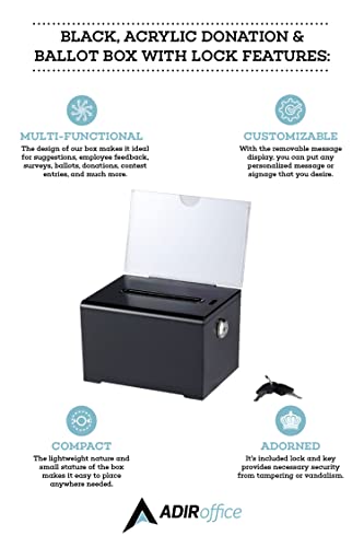 Adir Acrylic Donation Ballot Box with Lock - Secure and Safe Suggestion Box Great for Business Cards (6.25" x 4.5" x 4") Black