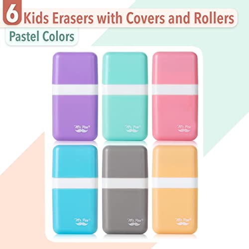 Mr. Pen- Erasers for Kids, 6 Pack, Pastel Colors, Eraser with Cover and Roller, Pencil Eraser Shaving Roller case, Erasers, Kids Erasers, Pencil Eraser, Cute Erasers