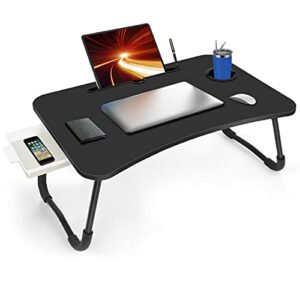 fayquaze laptop bed table, portable foldable laptop bed desk with storage drawer and cup holder, lap desk laptop stand tray table floor table serving tray for eating, reading and working