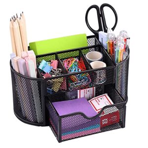 eoout desk organizers and accessories, pencil holder for desk, mesh office desk accessories with 8 compartments and 1 drawer stationery holder school supplies
