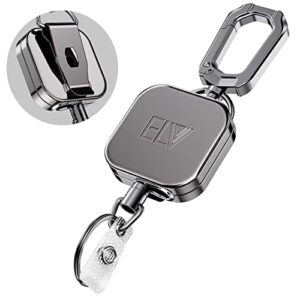 elv self retractable id badge holder key reel, heavy duty metal body, 30 inches upgraded dyneema cord, carabiner keychain with belt clip, hold up to 15 keys and tools