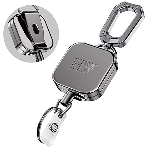 ELV Self Retractable ID Badge Holder Key Reel, Heavy Duty Metal Body, 30 Inches Upgraded Dyneema Cord, Carabiner Keychain with Belt Clip, Hold Up to 15 Keys and Tools