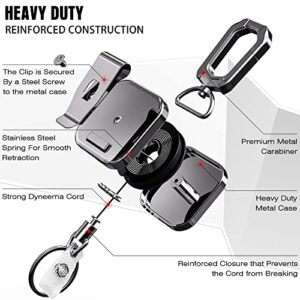 ELV Self Retractable ID Badge Holder Key Reel, Heavy Duty Metal Body, 30 Inches Upgraded Dyneema Cord, Carabiner Keychain with Belt Clip, Hold Up to 15 Keys and Tools