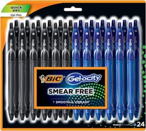 bic gel-ocity quick dry (dries up to 3x faster) bulk 24 pack of 12 black and 12 blue ink pens, smear free, retractable gel pens, medium point 0.7mm, pens for taking notes for adults women & men.