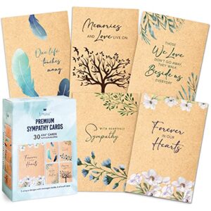 t marie 30 sympathy cards assortment box with envelopes – 4×6” kraft style bulk condolence cards – assorted sympathy cards with heartfelt messages inside for funeral, memorial service and bereavement