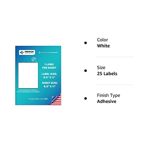 Premium Label Supply White Sticker Full Sheet Shipping Labels – 8.5" x 11" – Laser/Inkjet Compatible – (1 Label/Sheet), 25 Sheets - Letter Size