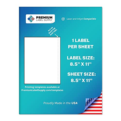 Premium Label Supply White Sticker Full Sheet Shipping Labels – 8.5" x 11" – Laser/Inkjet Compatible – (1 Label/Sheet), 25 Sheets - Letter Size