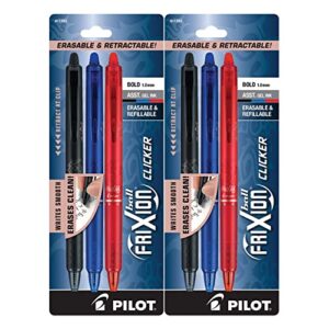 (2) pilot frixion clicker erasable pen black, blue and red gel ink. 3 pack bold, 1.0 mm, 11393