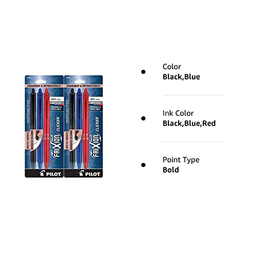 (2) Pilot Frixion Clicker Erasable Pen Black, Blue and Red Gel ink. 3 pack Bold, 1.0 mm, 11393