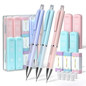 four candies pastel mechanical pencil set – 3pcs 0.5mm mechanical pencils with 240pcs hb lead refills, 3pcs erasers and 9pcs eraser refills, cute colored mechanical pencils for drawing & writing