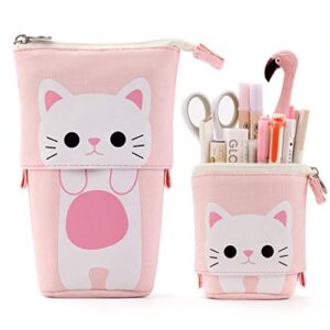 easthill cartoon cute cat pencil pouch canvas pen bag standing stationery case holder box student (pink)