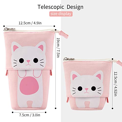 EASTHILL Cartoon Cute Cat Pencil Pouch Canvas Pen Bag Standing Stationery Case Holder Box Student (Pink)