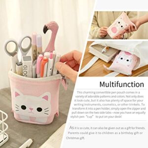 EASTHILL Cartoon Cute Cat Pencil Pouch Canvas Pen Bag Standing Stationery Case Holder Box Student (Pink)