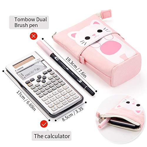 EASTHILL Cartoon Cute Cat Pencil Pouch Canvas Pen Bag Standing Stationery Case Holder Box Student (Pink)