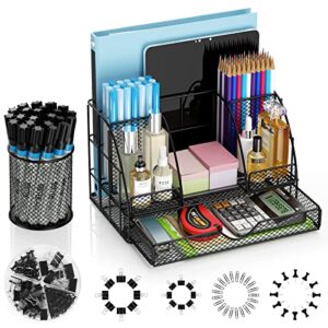 desk organizers and accessories, office desk organizer with 6 compartments + 1 large sliding drawer + pen holder + 72 accessories, desk accessories organizers for office, home, school (black)