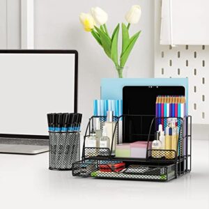 Desk Organizers and Accessories, Office Desk Organizer with 6 Compartments + 1 Large Sliding Drawer + Pen Holder + 72 Accessories, Desk Accessories Organizers for Office, Home, School (Black)