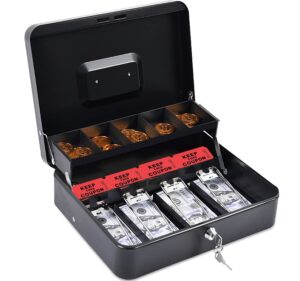 infun cash box with money tray, durable large steel money boxes, 5 compartment tray, 4 spring-loaded, come with 2 key, black
