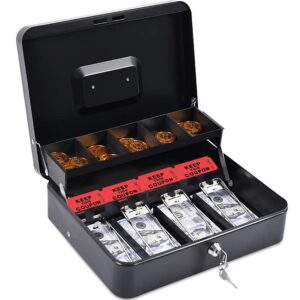 INFUN Cash Box with Money Tray, Durable Large Steel Money Boxes, 5 Compartment Tray, 4 Spring-loaded, come with 2 key, Black