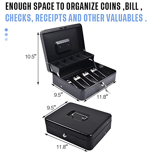 INFUN Cash Box with Money Tray, Durable Large Steel Money Boxes, 5 Compartment Tray, 4 Spring-loaded, come with 2 key, Black