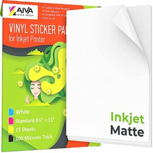 Printable Vinyl Sticker Paper for Inkjet Printer - Matte White - 15 Self-Adhesive Sheets - Waterproof Decal Paper - Standard Letter Size 8.5"x11"