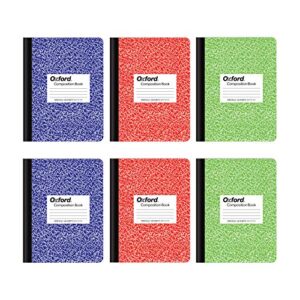 oxford composition notebook 6 pack, wide ruled paper, 9-3/4 x 7-1/2 inches, 100 sheets, assorted marble covers, 2 each: blue, green, red (63762)