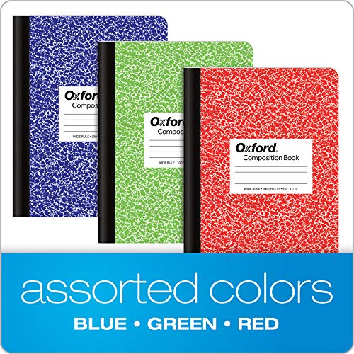 Oxford Composition Notebook 6 Pack, Wide Ruled Paper, 9-3/4 x 7-1/2 Inches, 100 Sheets, Assorted Marble Covers, 2 Each: Blue, Green, Red (63762)