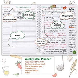 Weekly Meal Planner Notebook and Food Planner with Easy Tear off Grocery List & Expense Tracker Organizer, 52 Weeks, 10"X7", Spiral Design