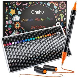 ohuhu dual tip metallic markers pen: 24 colors brush & fine metallic paint pens for cards writing painting coloring calligraphy glitter marker for diy album scrapbook wood glass