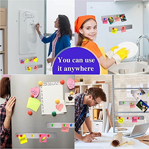 6 Pieces Frameless Magnetic Stainless Iron Board Strips Bulletin Bar Board Memo Strip Set with 48 Pieces Colorful Magnets for School Office Home (Silver)