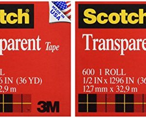 Scotch Transparent Tape, 1/2 in x 1296 in, 2 Boxes/Pack (600)