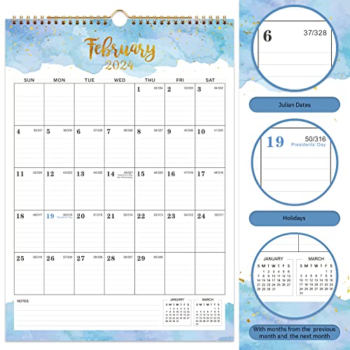 2023-2024 Wall Calendar - 18 Monthly Wall Calendar 2023-2024, 12" x 17", Jul. 2023 - Dec. 2024, Twin-Wire Binding, Hanging Hook, Blocks and Julian Dates - Colorful Waterink