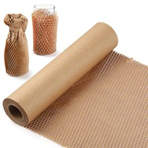 Honeycomb Packing Paper, 12" x 66' Cushioning Wrap Roll, Kraft Wrapping Paper for Shipping, with 20 Fragile Sticker Labels