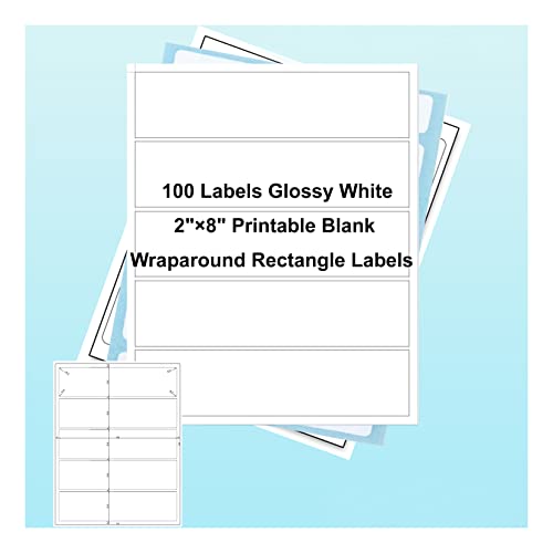 100 Pcs Water Bottle Labels Glossy White Waterproof Stickers ,2"×8" Printable Blank Wraparound Rectangle Labels for Inkjet/Laser Printer