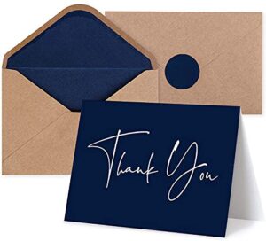 120 classy navy blue thank you cards bulk- professional thank u greeting notes, blank inside with matching brown kraft envelopes & stickers perfect for wedding, business,graduation & much more.