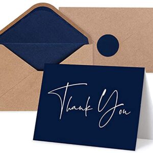 120 Classy Navy Blue Thank You Cards Bulk- professional Thank U Greeting Notes, Blank Inside with matching Brown Kraft Envelopes & Stickers Perfect for Wedding, Business,Graduation & Much More.