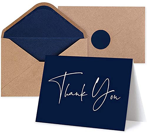 120 Classy Navy Blue Thank You Cards Bulk- professional Thank U Greeting Notes, Blank Inside with matching Brown Kraft Envelopes & Stickers Perfect for Wedding, Business,Graduation & Much More.