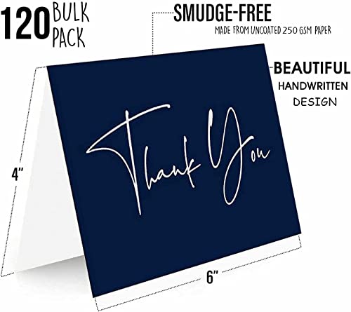 120 Classy Navy Blue Thank You Cards Bulk- professional Thank U Greeting Notes, Blank Inside with matching Brown Kraft Envelopes & Stickers Perfect for Wedding, Business,Graduation & Much More.